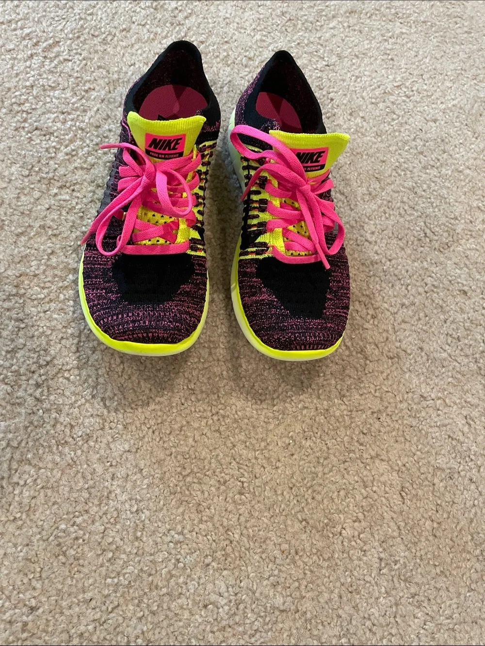 Nike Free RN Flyknit Sneakers - Pink & Neon Yellow
